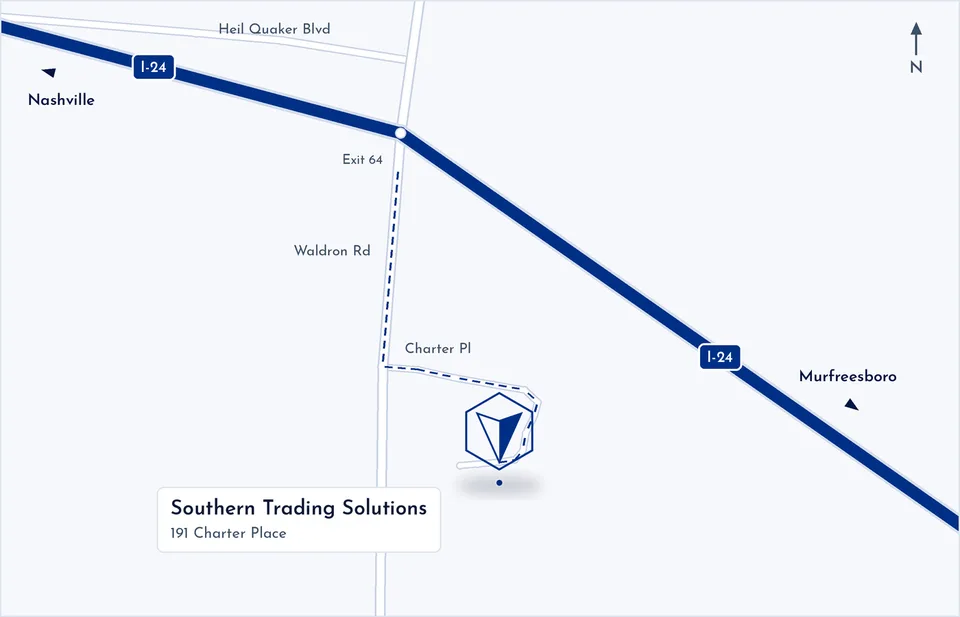 Map of Southern Trading Solutions at 191 Charter Place in La Vergne, TN — off I-24 at Exit 64 via Waldron Road